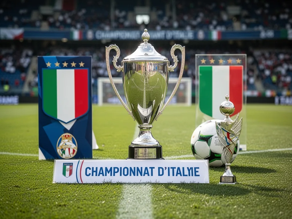 Un stade italien sous les projecteurs, terrain vert intense, tribunes en clair-obscur.