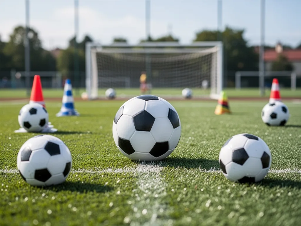 Un jeune footballeur en tenue d'entraînement qui tape dans un ballon sur un terrain synthétique, vu de dos, avec un plot orange au premier plan