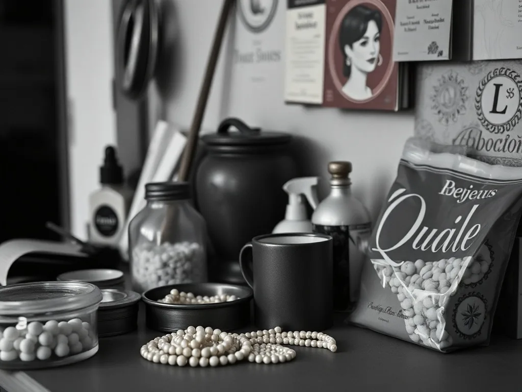 Gros plan sur un collier de perles blanches à la lumière naturelle, posé sur un tissu sombre