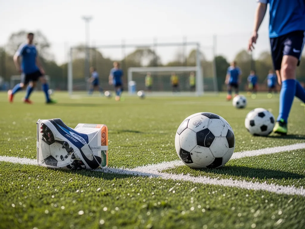 Joueurs de football amateur sur un terrain de district, maillots colorés, ambiance de match le dimanche matin