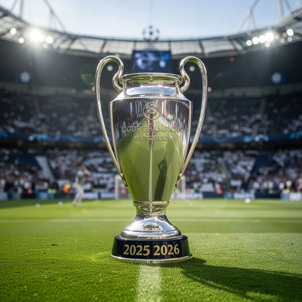 Vue aérienne d'un stade illuminé un soir de Ligue des Champions, avec la pelouse marquée du logo de la compétition.