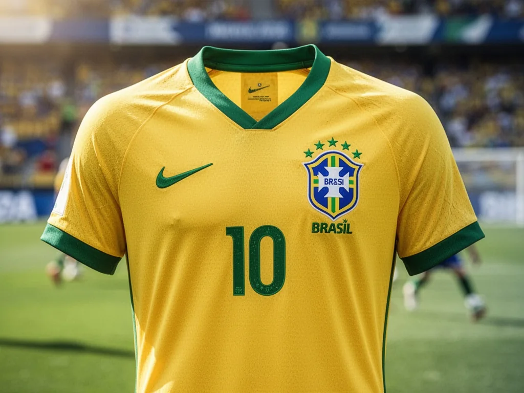 Maillot domicile du Brésil version 2026 porté par un supporter, couleur jaune canari iconique avec liseré vert