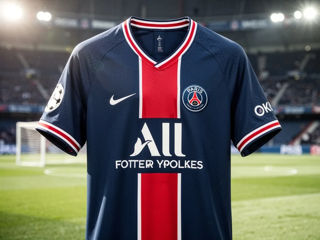 Maillot extérieur du PSG, vue de face, avec le logo du club et les sponsors