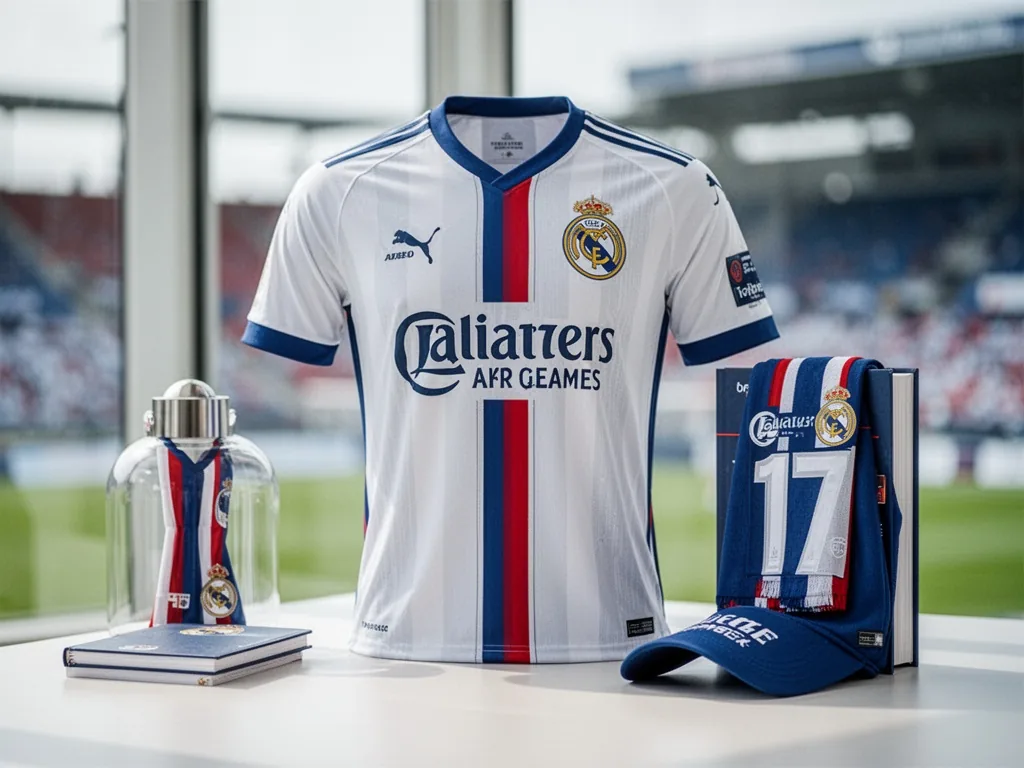 Maillot domicile de l'Olympique de Marseille, blanc avec bandes bleu ciel, floqué du numéro 10 sur un cintre en bois