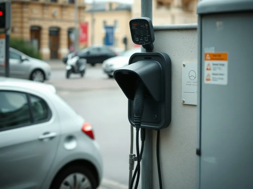 Une voiture électrique branchée sur une borne de recharge dans une rue de Pau, avec le blason du Pau FC en surimpression discrète.